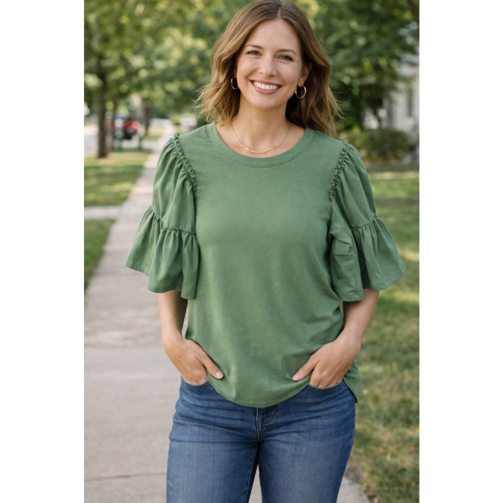 Chico's Sage Green Puff Sleeve Ruffle Top Size S (0) Casual Cottagecore Blouse - Picture 6 of 11